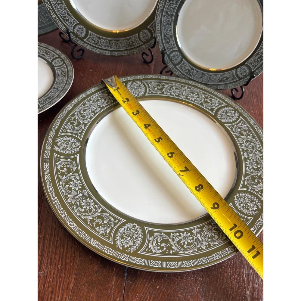 Sango Forest Damask 3544 Fine China Plate Set Olive Green Gold Trim Japan 6pc